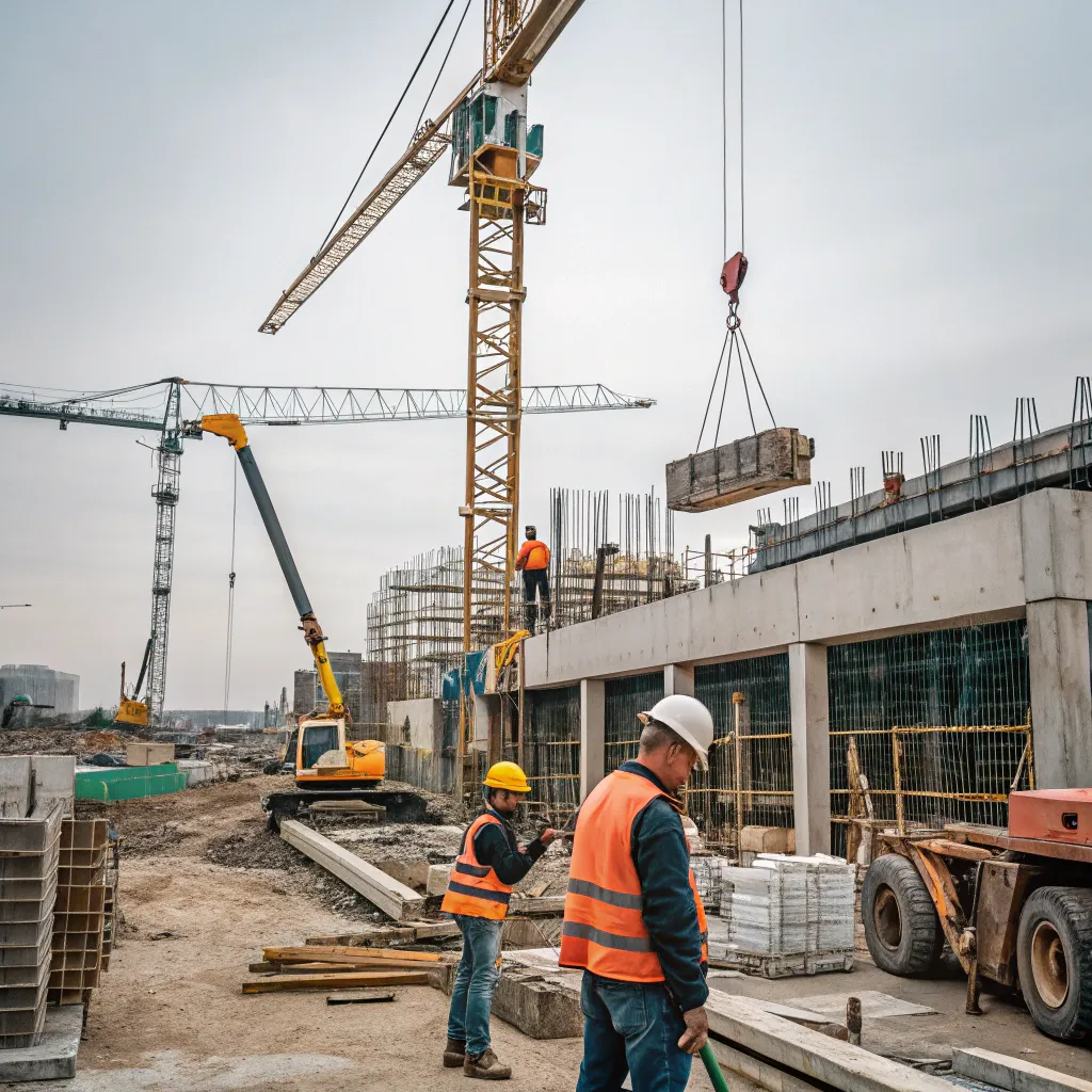 Construction site with cranes and workers